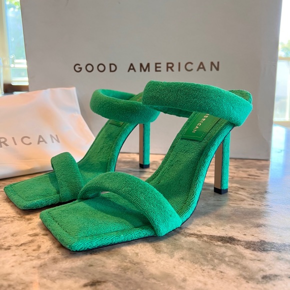 Good American Green Terry Cloth Square Toe High Heel Pumps Unique Color - Picture 4 of 8
